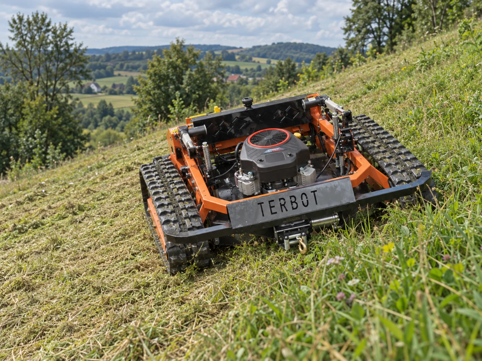 Kosiarka gąsienicowa TERBOT S90 Pro podczas pracy na skarpie i zboczu
