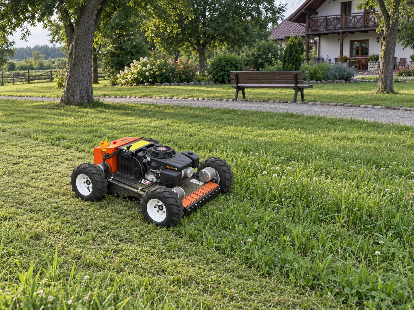 Kosiarka na pilota TERBOT M55 Mini podczas pielęgnacji zieleni przy pensjonacie i agroturystyce